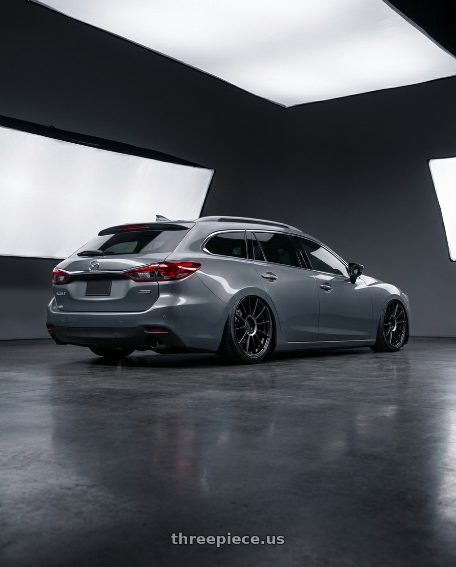 2022 Mazda6 wagon with TSW PADDOCK 5X114.3 19X8.5 +40 SEMI GLOSS BLACK W/ MACHINED TINTED RING wheels rear three quarter view slight stretch tires