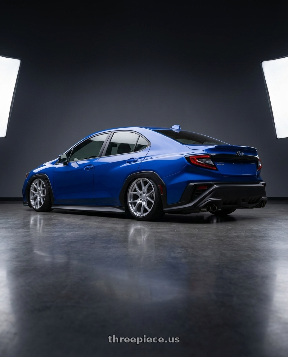 2024 Subaru WRX with Ssr Gtv03 5x114.3 19x8.5+38  GLARE SILVER wheels rear three quarter view slight stretch tires