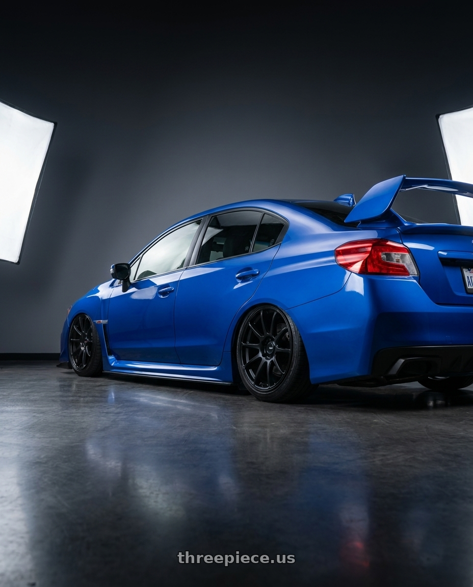 2013 Subaru WRX STI with Ssr Gtv02 5x114.3 18x9+45  FLAT BLACK wheels rear three quarter view slight stretch tires