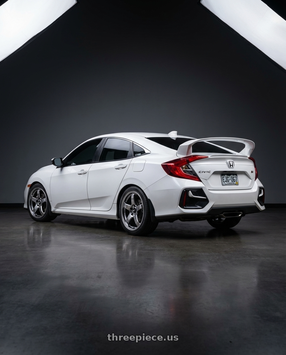 White 2020 Honda Civic Si Sedan with Enkei PF05 5x114.3 18x9.5+38 SBC wheels rear three quarter view square tires