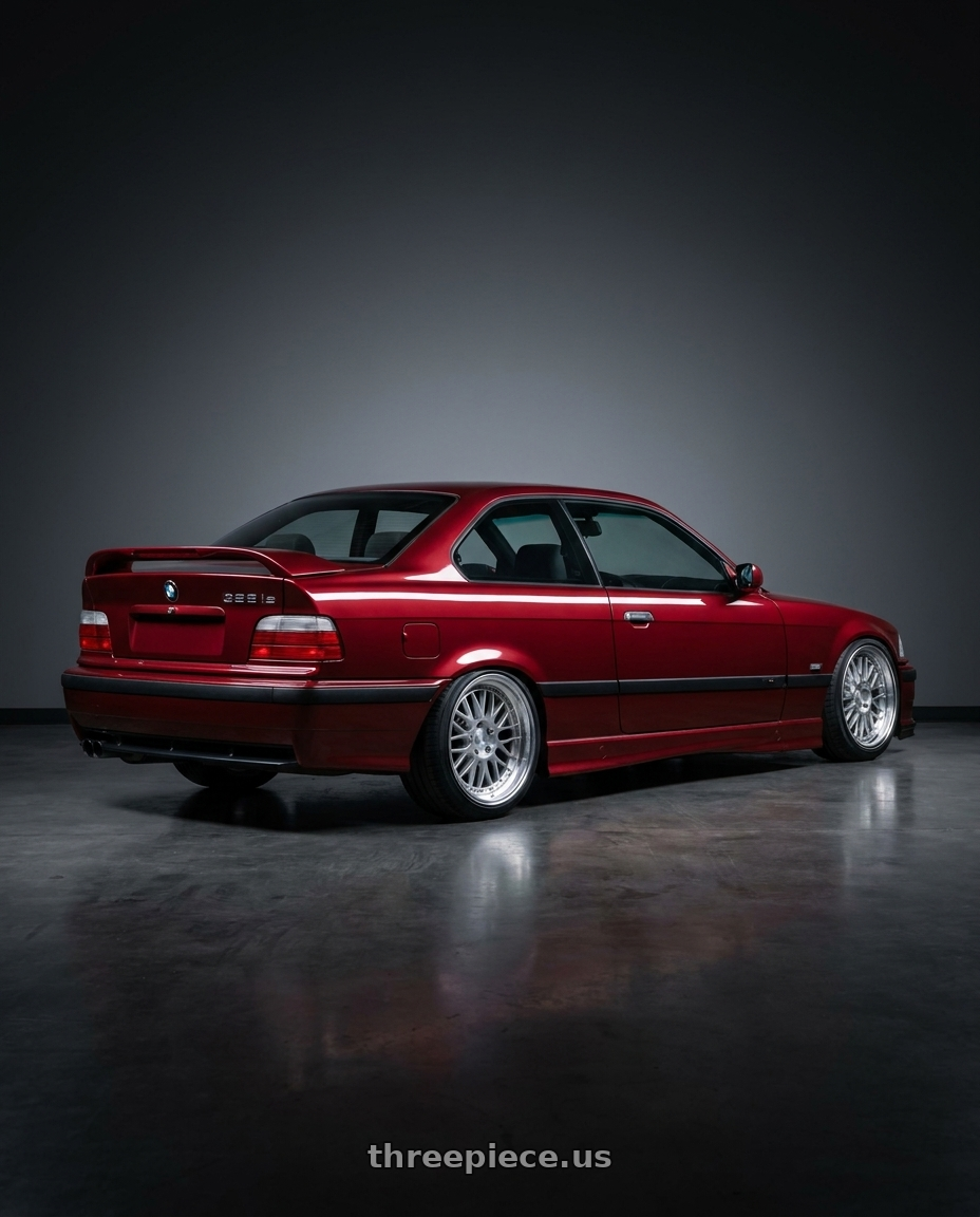 1996 BMW E36 328is with ESR Wheels SR SERIES SR05 5x100 18x8.5 +30 Hyper Silver wheels rear three quarter view square tires