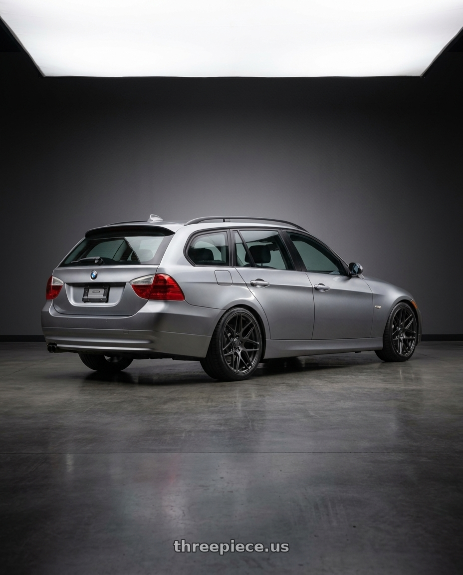 2006 Bmw E91 with MRR FS1 5x130 18x8.5  +45 Carbon Flash wheels rear three quarter view square tires