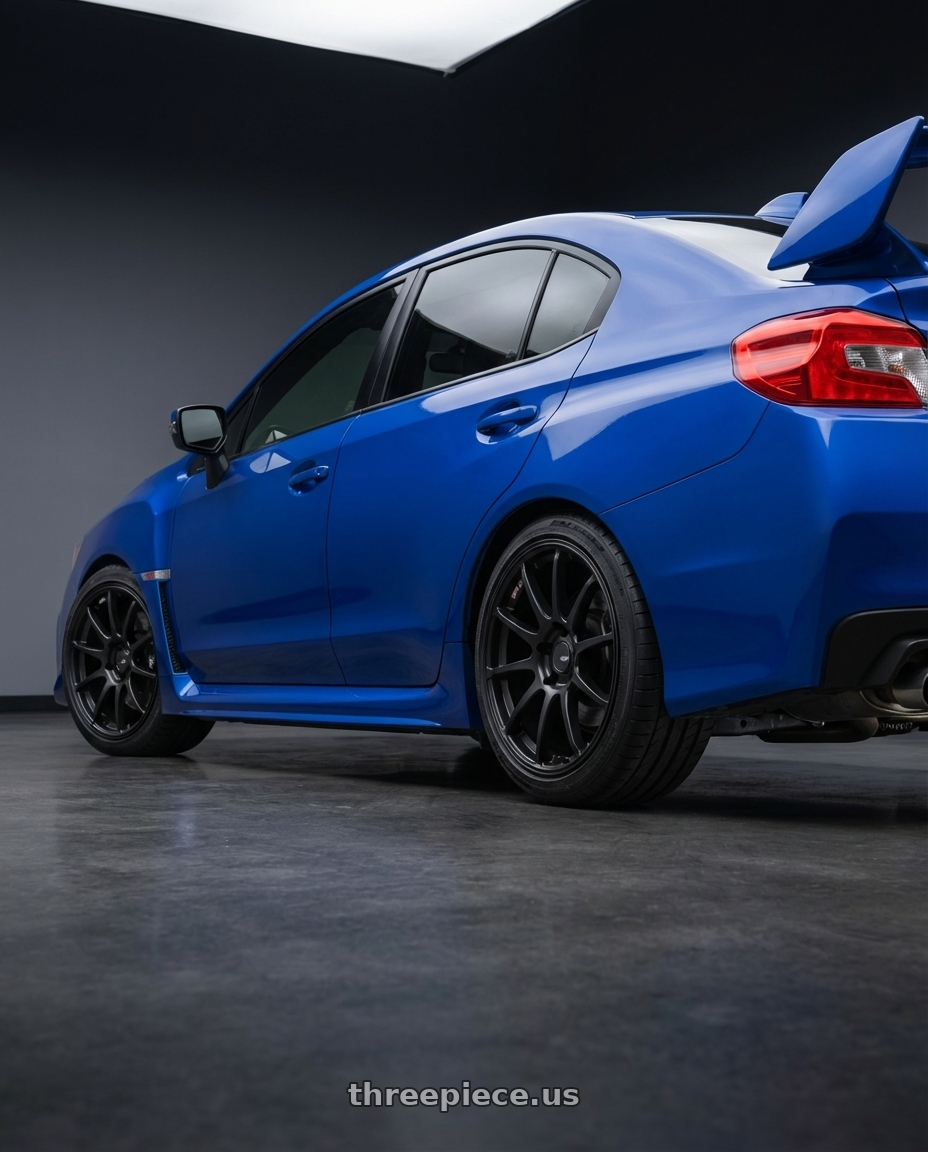 2018 Subaru WRX STI with Ssr Gtv02 5x114.3 18x8.5+40  FLAT BLACK wheels rear three quarter view square tires