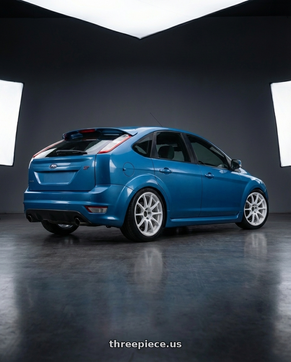 Ford focus st 2009 with Advan RCIII 5x114.3 17x8+53 White wheels rear three quarter view square tires