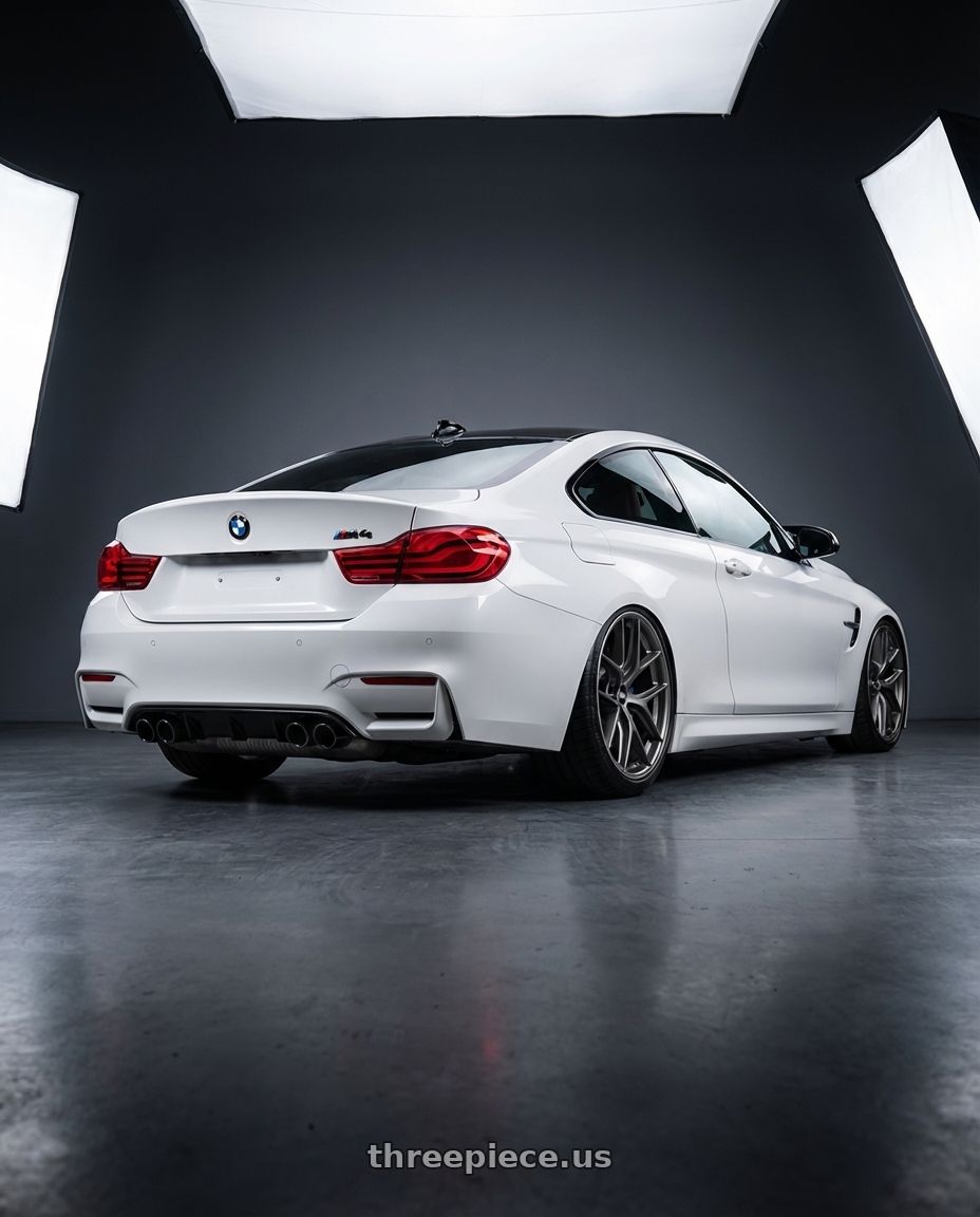 2018 BMW M4 F82 with BBS CC-R 5x120 19x9.0+26 Satin Platinum wheels rear three quarter view slight stretch tires