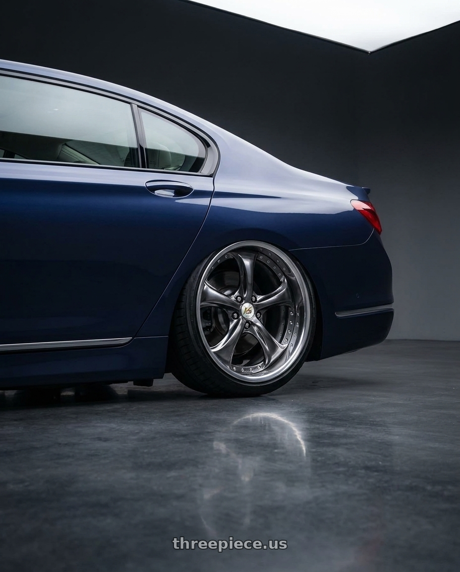 2018 Alpina b7 with Work Wheels VS-KF 5X114.3 19x8+15 Brilliant Silver Black A Disk FULL REVERSE wheels rear three quarter view slight stretch tires
