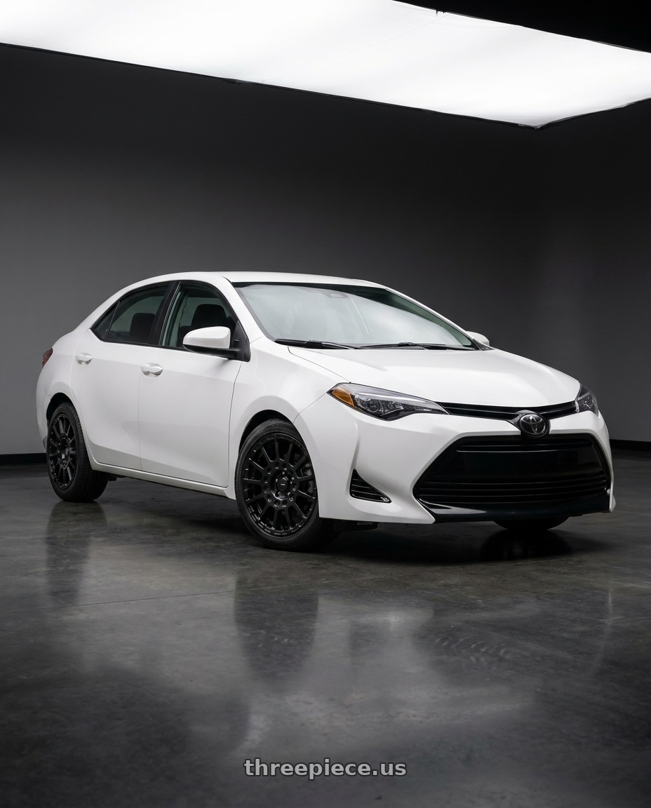 2018 Toyota Corolla with Enkei Overlander 5x100 17x7.5+35 Black wheels front three quarter view lowered stance