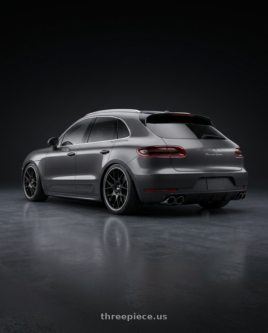 2015 Macan turbo with BBS CH-R 5x112 20x8.5 +40 Satin Black Polished Rim Protector wheels rear three quarter view slight stretch tires