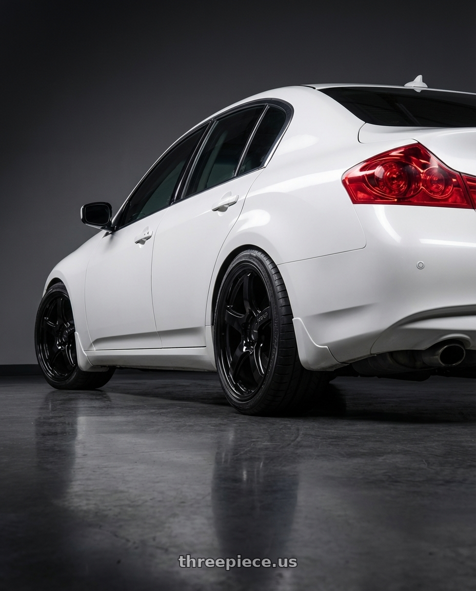 2012 Infiniti G37 with Gram Lights 57CR 5x114.3 19x9.5+25 Glossy Black wheels rear three quarter view square tires