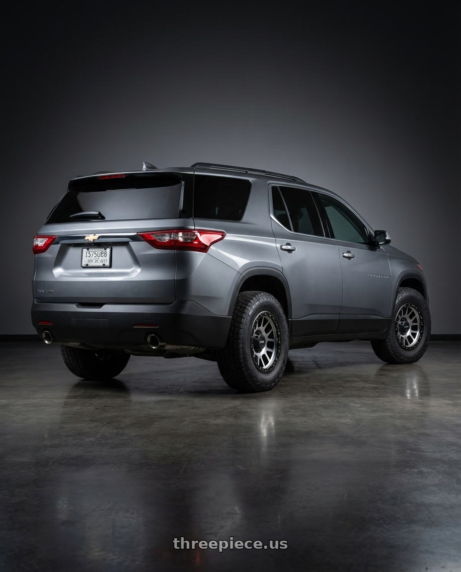 2020 Chevrolet traverse with Vision Off-Road 111 Nemesis 6x139.7 17x9-12 Matte Black Machined Face wheels rear three quarter view meaty tires