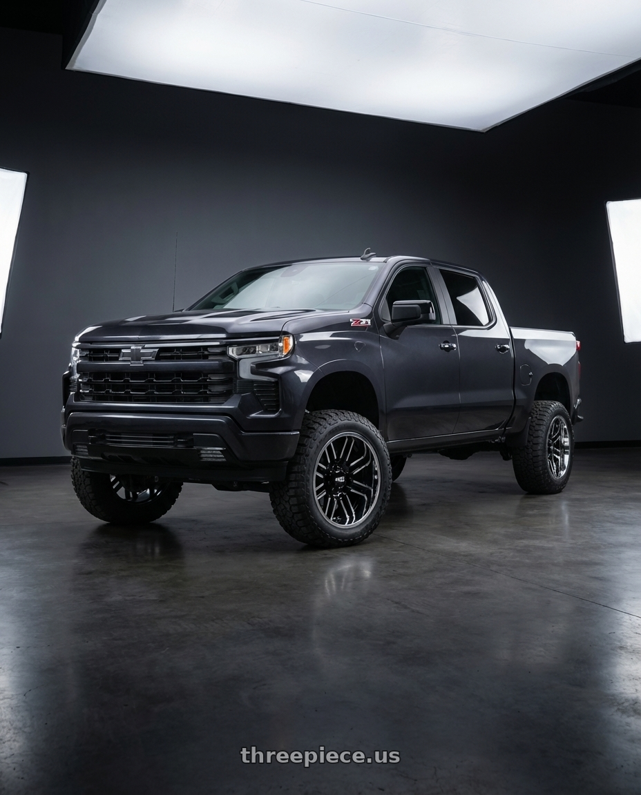 2023 Chevrolet Silverado 1500 with Moto Metal MO202 6X139.7 22X10 -18 GLOSS BLACK MACHINED CENTER CHROME LIP wheels