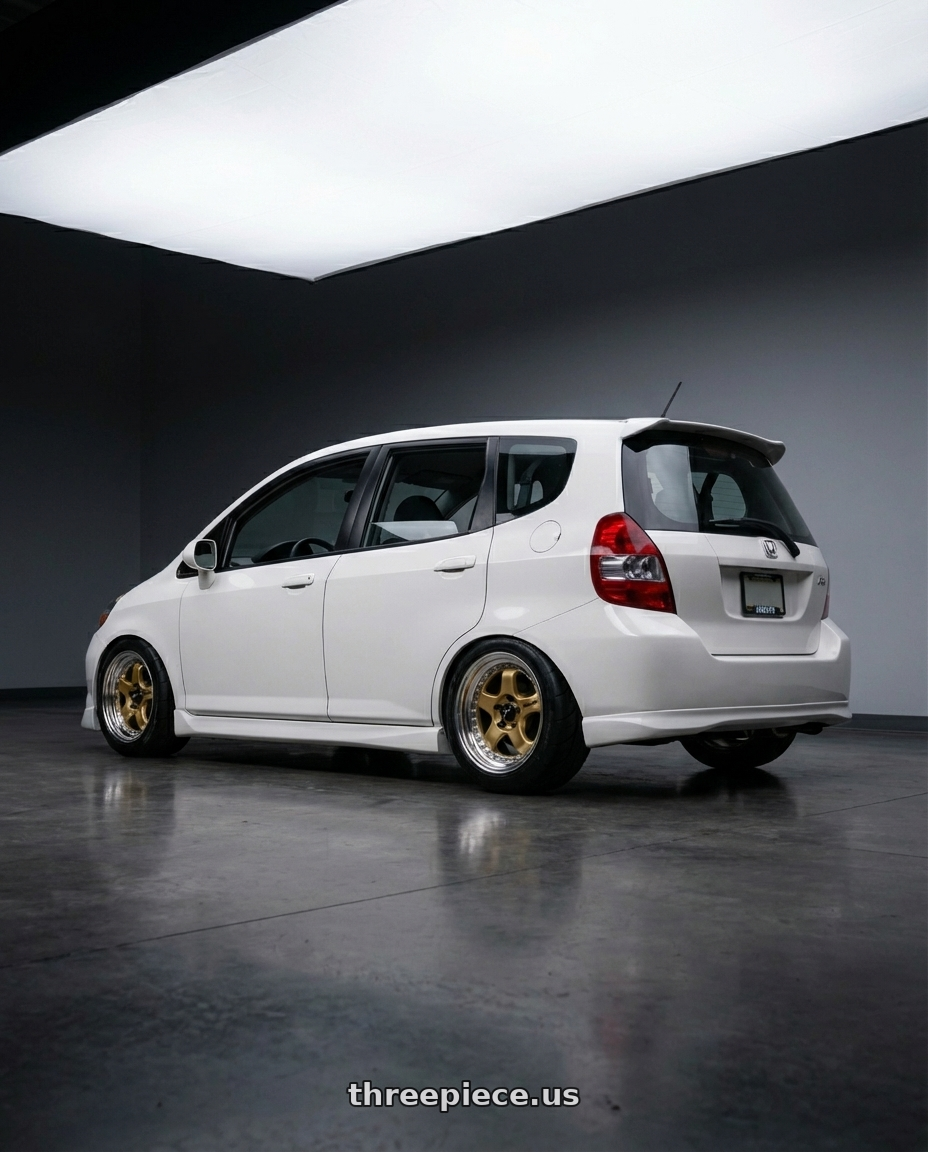 2008 Honda fit  with Work Meister M1 3p 4x100 16x10.5+0 W Disk Titanium Gold wheels rear three quarter view meaty tires