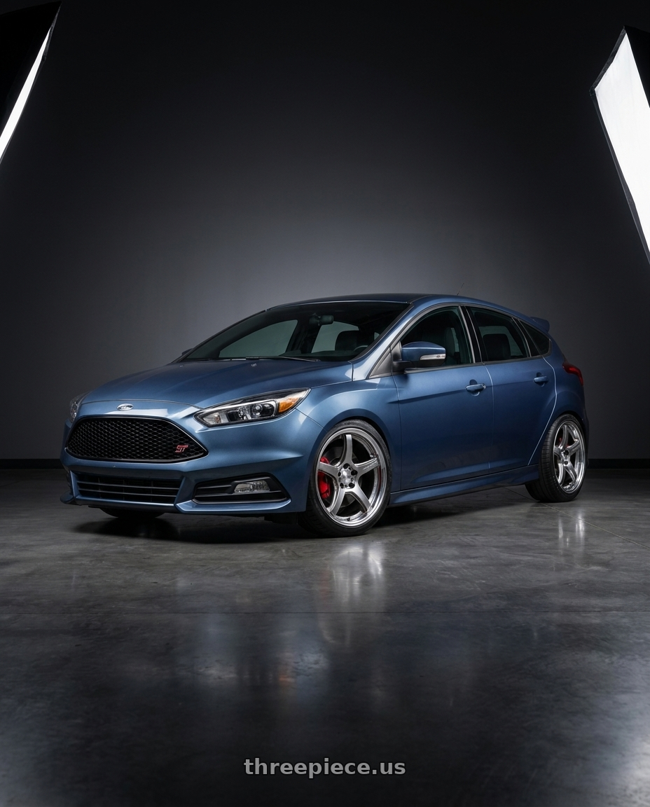 2018 Ford Focus ST with Work T5R 2P 5x108 18x8.5 +45 GT SILVER wheels front three quarter view lowered stance