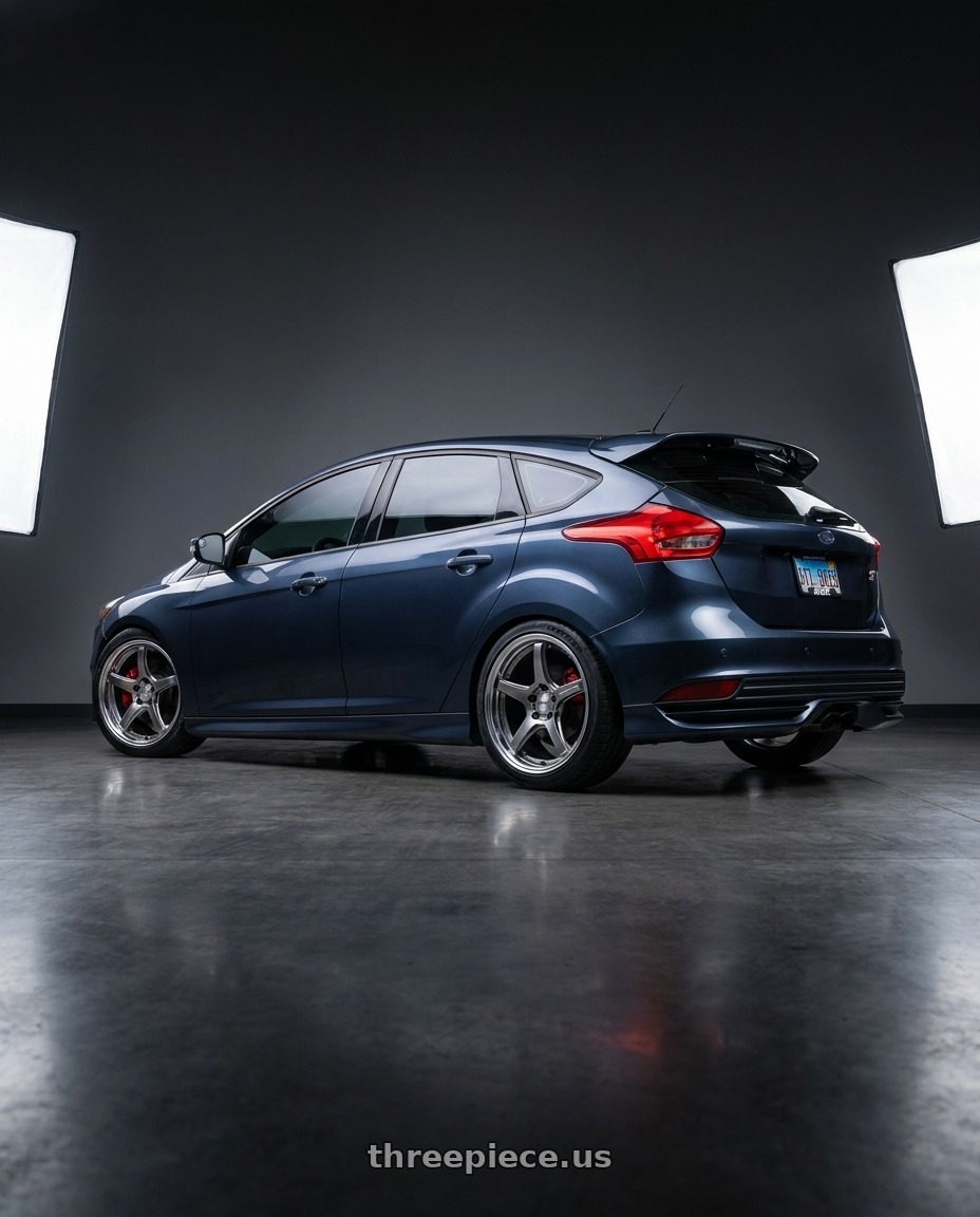 2018 Ford Focus ST with Work T5R 2P 5x108 18x8.5 +45 GT SILVER wheels rear three quarter view square tires