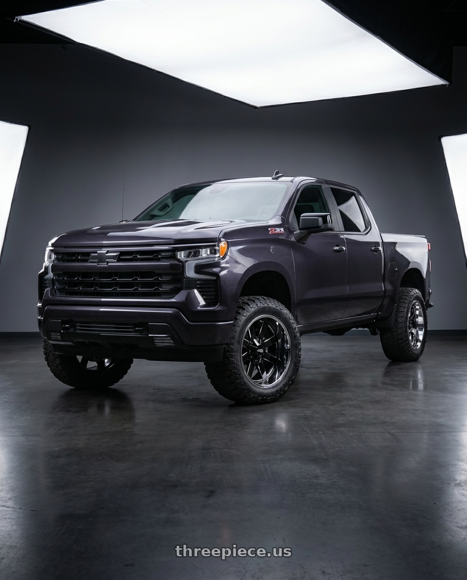 2023 Chevrolet Silverado 1500 with Moto Metal MO200 6X139.7 20X12 -44 GLOSS BLACK MILLED CENTER CHROME LIP wheels