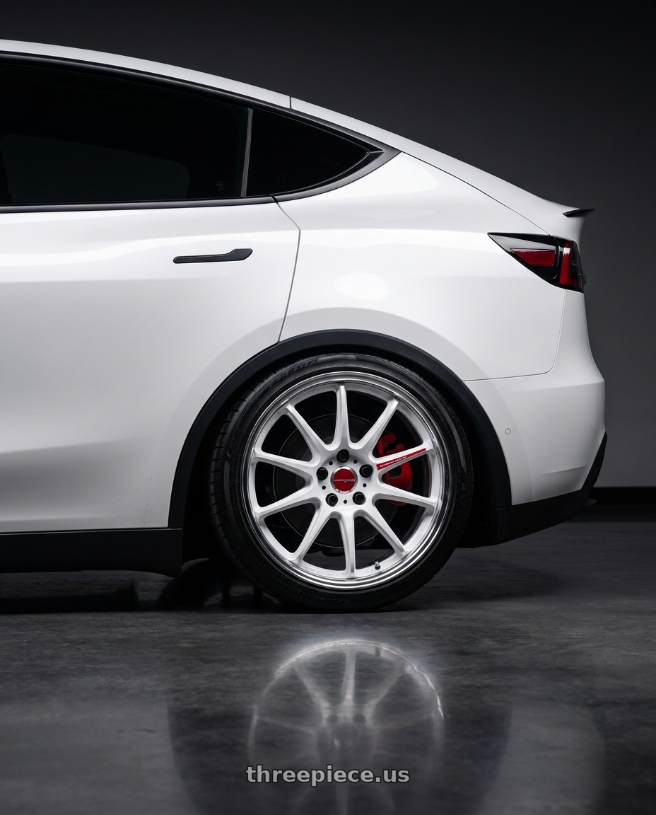 2024 Tesla Model Y Performance with Work Zr10 2P 5x114.3 19x9.5 +38 Azure White wheels rear three quarter view square tires
