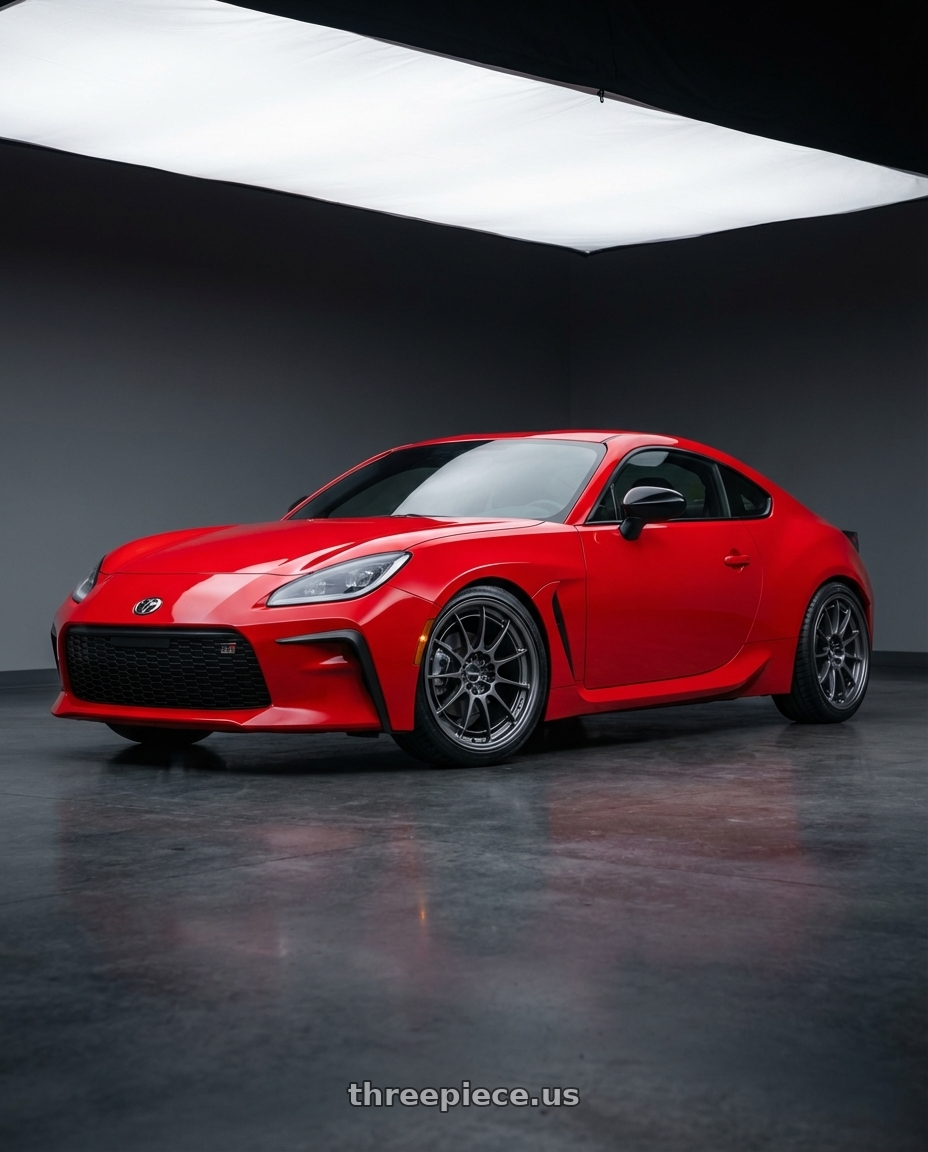 2025 Toyota GR86 premium, red with Enkei NT03+M 5x100 18x9.5+40 Gunmetal wheels front three quarter view lowered stance