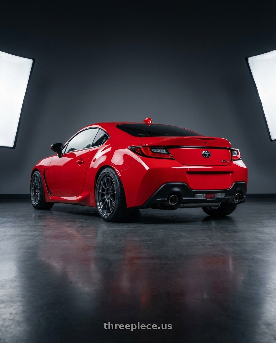 2025 Toyota GR86 premium, red with Enkei NT03+M 5x100 18x9.5+40 Gunmetal wheels rear three quarter view square tires