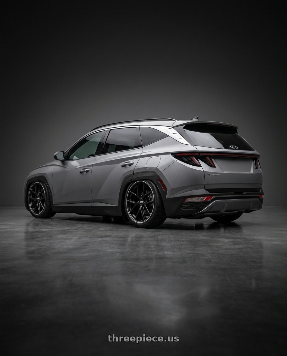 2024 Hyundai Tucson ,gray with BBS CI-R 5x112 20x8 +26 Satin Black Polished Rim Protector wheels rear three quarter view slight stretch tires