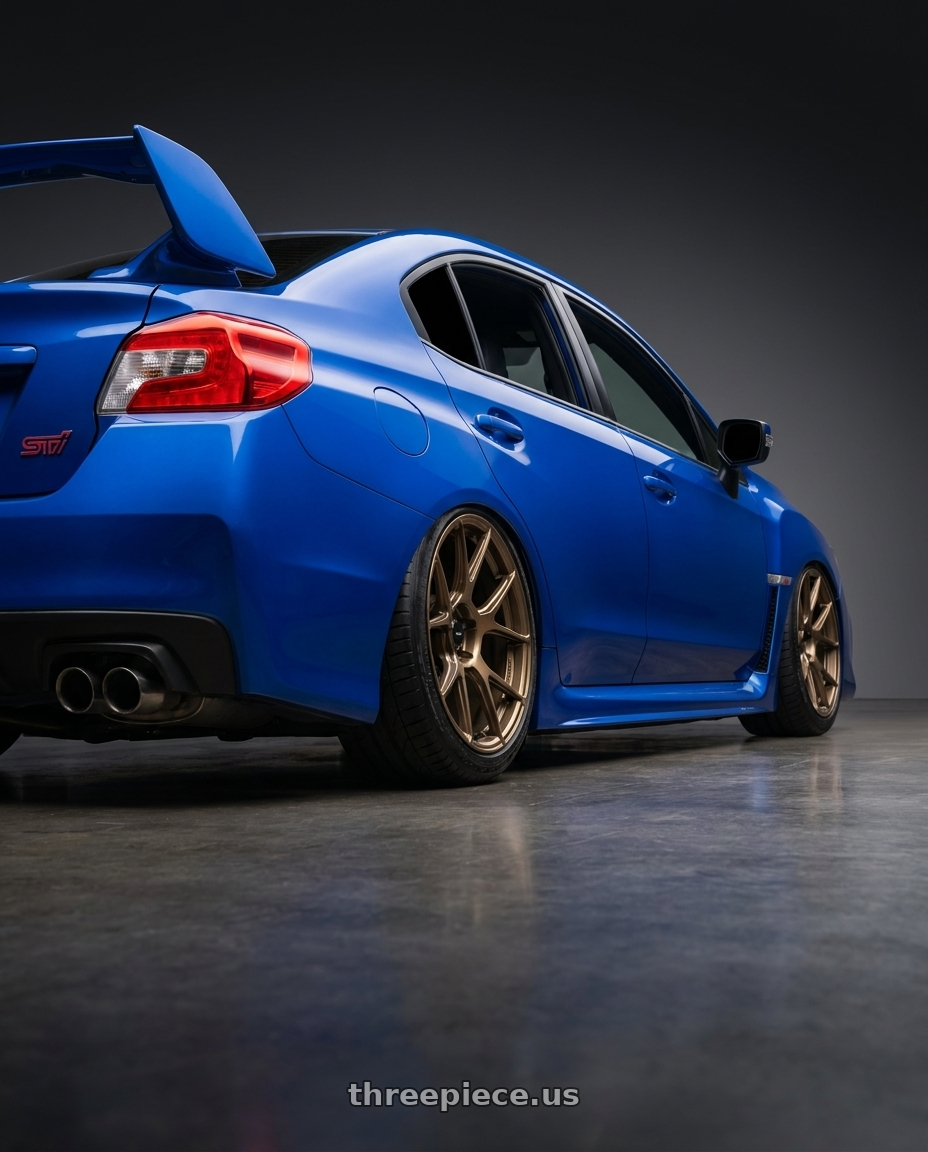 2018 Subaru WRX STI with Konig Ampliform 5x114.3 18x10+20 Gloss Bronze wheels rear three quarter view slight stretch tires