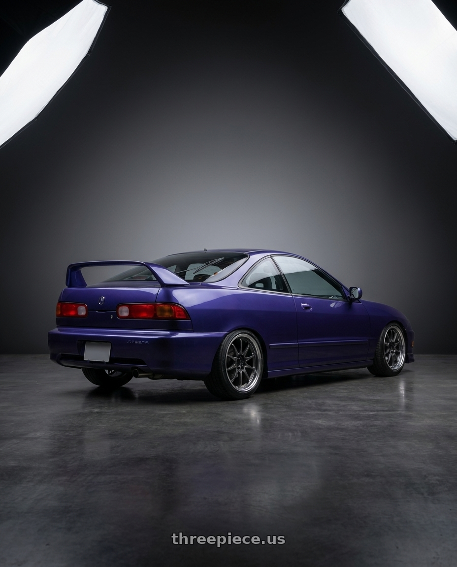 1998 acura integra with Volk Racing CE28 CLUB RACER 4x100 16x7+42 Matte Dark Gunmetal / Rim DC wheels rear three quarter view slight stretch tires