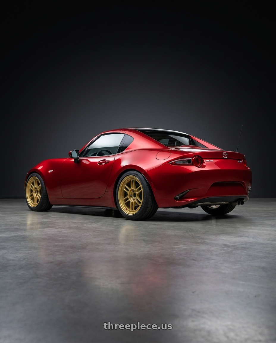 2018 Mazda Mx-5 with Enkei RPF1 5x100 17x8+45 Gold wheels rear three quarter view square tires