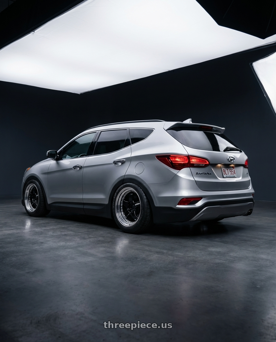 2018 Hyundai Santa Fe with Work Meister S1 3P 5x100 18x7+48 A Disk Black wheels rear three quarter view meaty tires