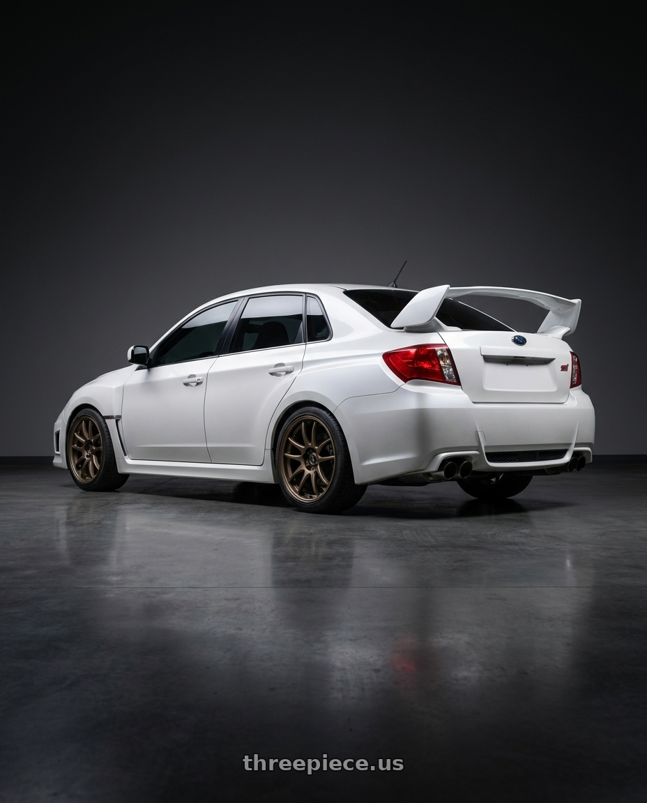 2011 Subaru sti sedan  with Work Cr 2P 5x114.3 18x9.0 +45 Matte Bronze wheels rear three quarter view square tires