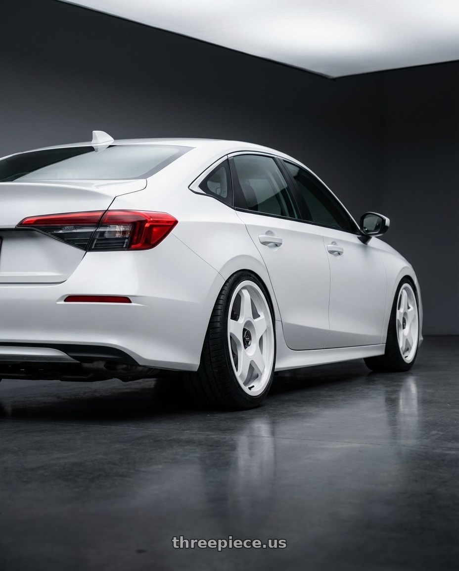 2024 Honda Civic with fifteen52 CHICANE 5x114.3 / 5x100 18x8.5 +35 RALLY WHITE (GLOSS WHITE) wheels rear three quarter view square tires