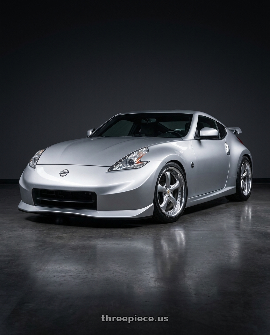 2009 Nissan 370Z with Work Wheels VS-KF 5X114.3 19x10.5+22 Light Grey Silver L Disk FULL REVERSE wheels front three quarter view lowered stance