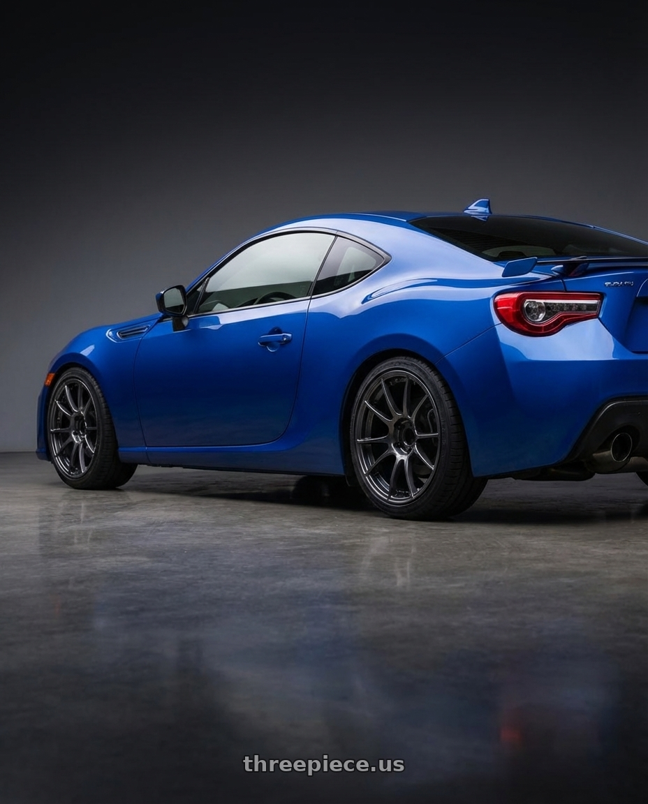 2017 Subaru BRZ with Ssr Gtx04 5x100 17x8.5+45  DARK GUNMETAL wheels rear three quarter view square tires