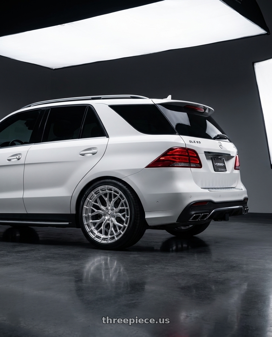2017 Benz GLE63 with VOSSEN HFX-1 6X135 22x9.5 +20 SILVER POLISHED wheels rear three quarter view square tires