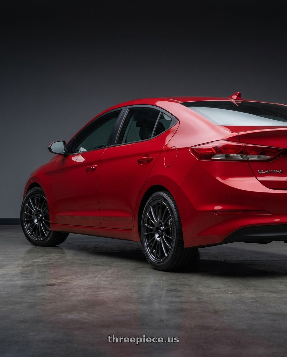 2017 Hyundai Elantra with WedsSport SA-72R 5x114.3 17x7.5+45 FR-Face wheels rear three quarter view square tires