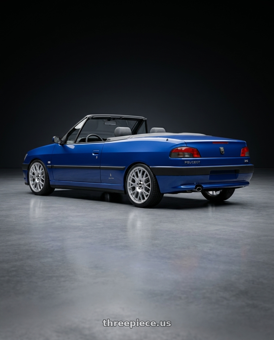 1995 Peugeot 306 Cabriolet (N3) Square fog lights , Royal Blue with BBS CH-R 5x114.3 19x8 +38 Brilliant Silver Polished Rim Protector wheels rear three quarter view square tires