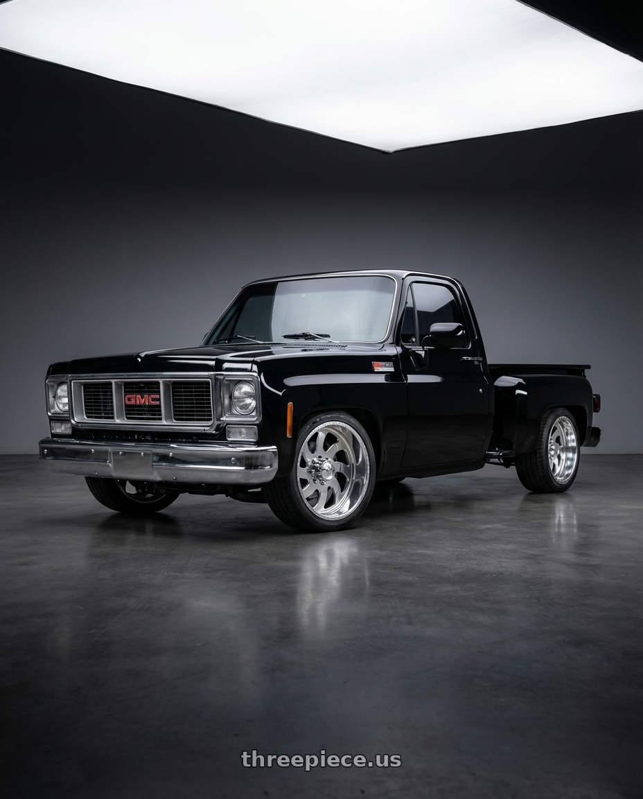 1974 GMC C10 with American Force 76 Blade SS 5X127 20X10 -18 POLISHED wheels front three quarter view lowered stance