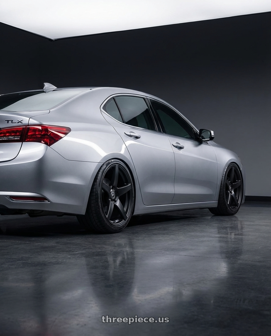 2019 Acura TLX with Forgestar CF5 5x114.3 20x9 +35 Satin Black wheels rear three quarter view slight stretch tires