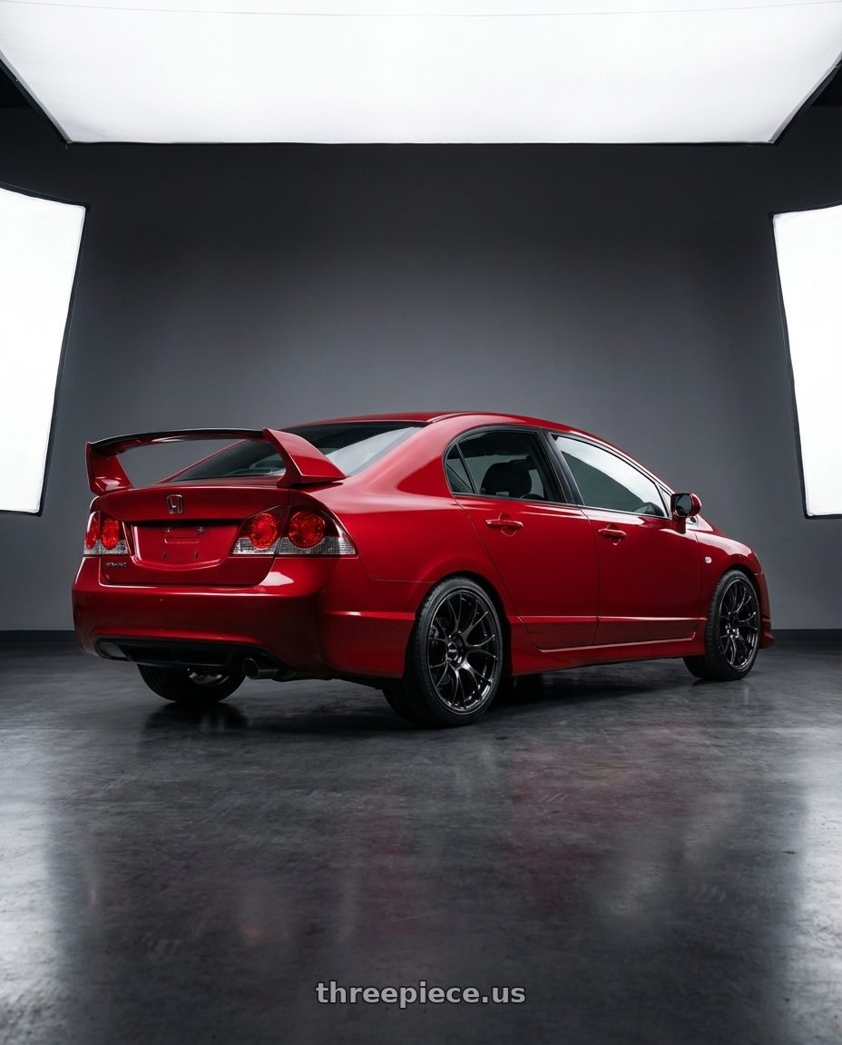 honda civic 2007 with Volk Racing G16 M-SPEC 5x112 19x8.5 +38 PRESSED BLACK CLEAR wheels rear three quarter view square tires