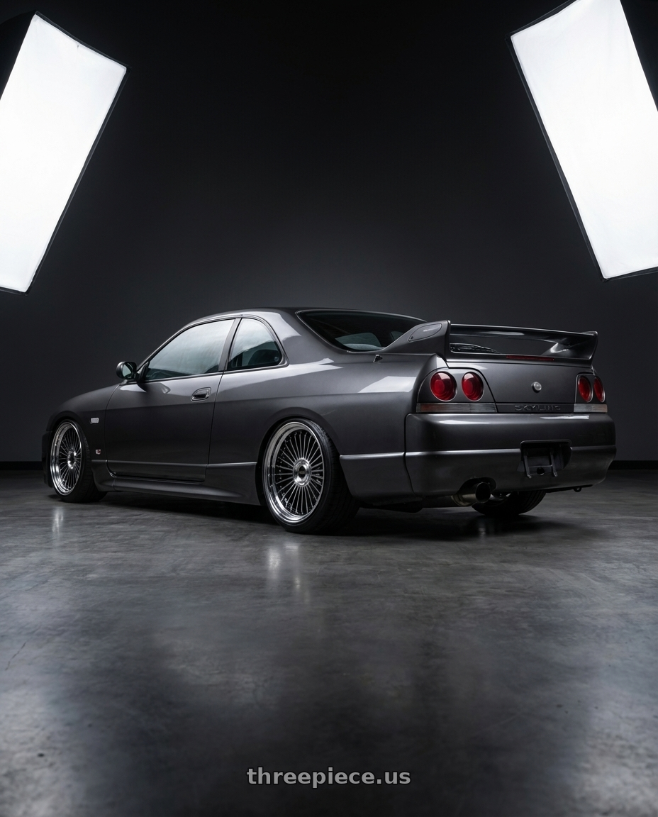 1996 Nissan Skyline R33 GTST with Work Emitz Black Polish 5x114.3 19x9.0 +0 wheels rear three quarter view slight stretch tires