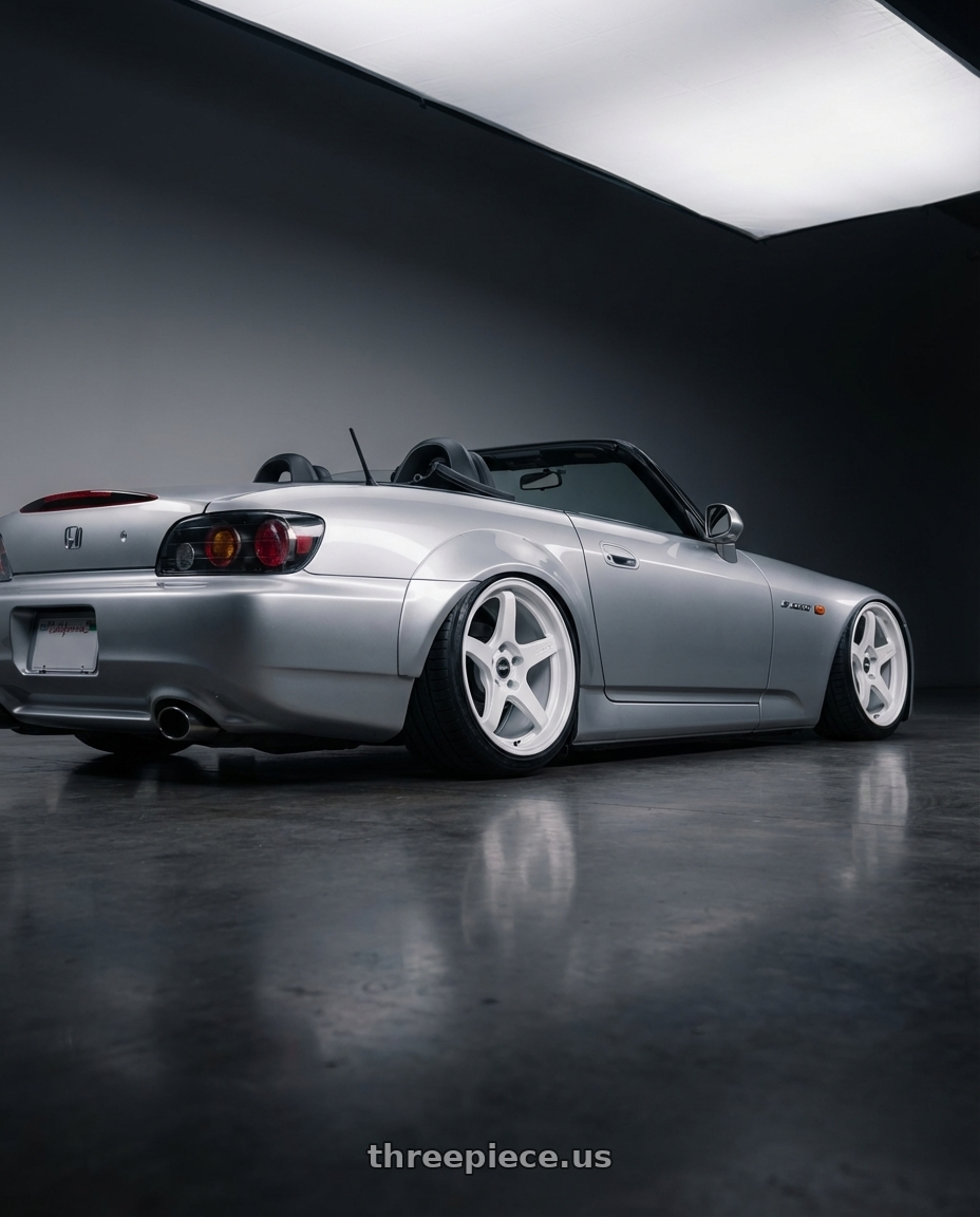 2009 Honda S2000 with ESR Wheels APEX SERIES APX5 5x114.3 18x9.5 +22 Gloss White wheels rear three quarter view slight stretch tires