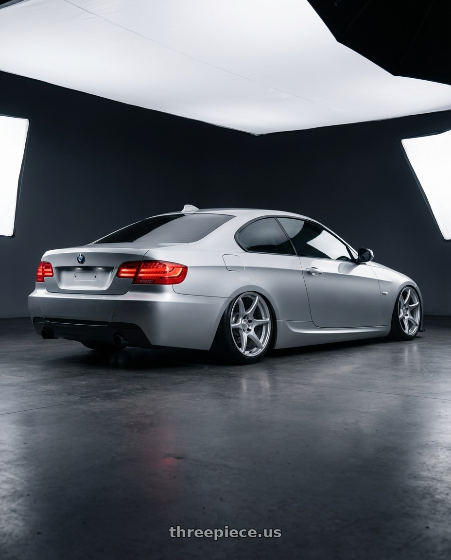 2012 BMW 3 Series E92 with Kansei K11S Tandem 5X120 19x9.5 22 Hyper Silver wheels rear three quarter view slight stretch tires
