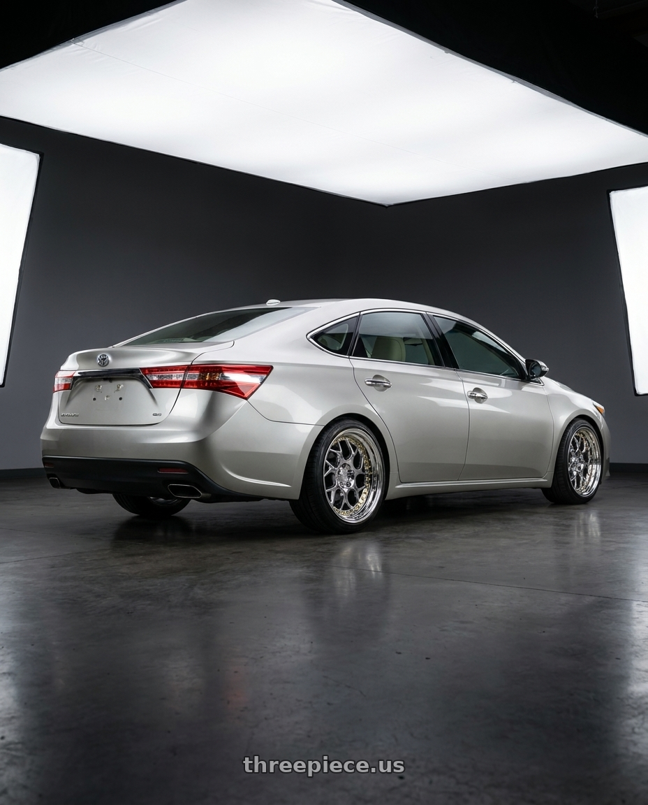 2013 toyota avalon with Aodhan DS01 5x114.3 18x8.5+35 Vacuum Chrome W/ Gold Rivets wheels rear three quarter view slight stretch tires