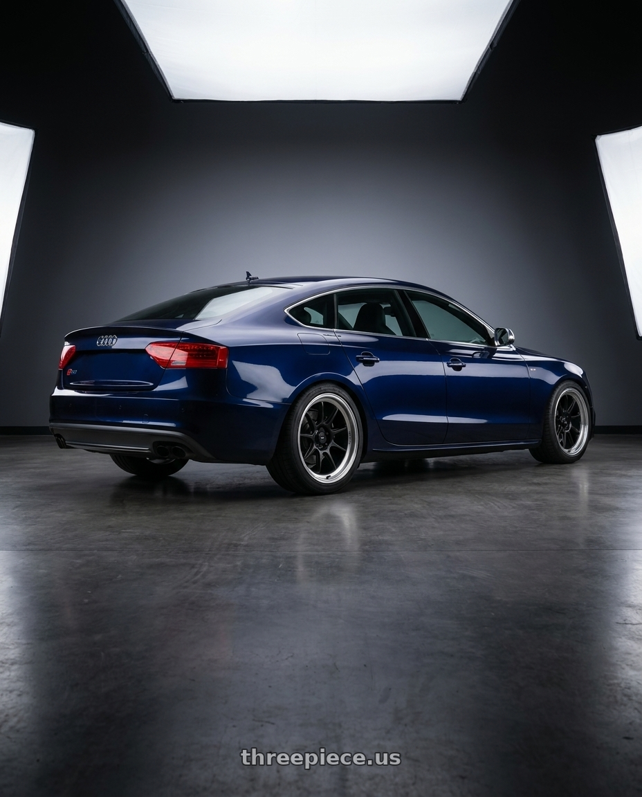 2014 Audi S5 B8 with Konig Countergram 5x112 19x9.5+30 Matte Black / Matte Machined Lip wheels rear three quarter view square tires