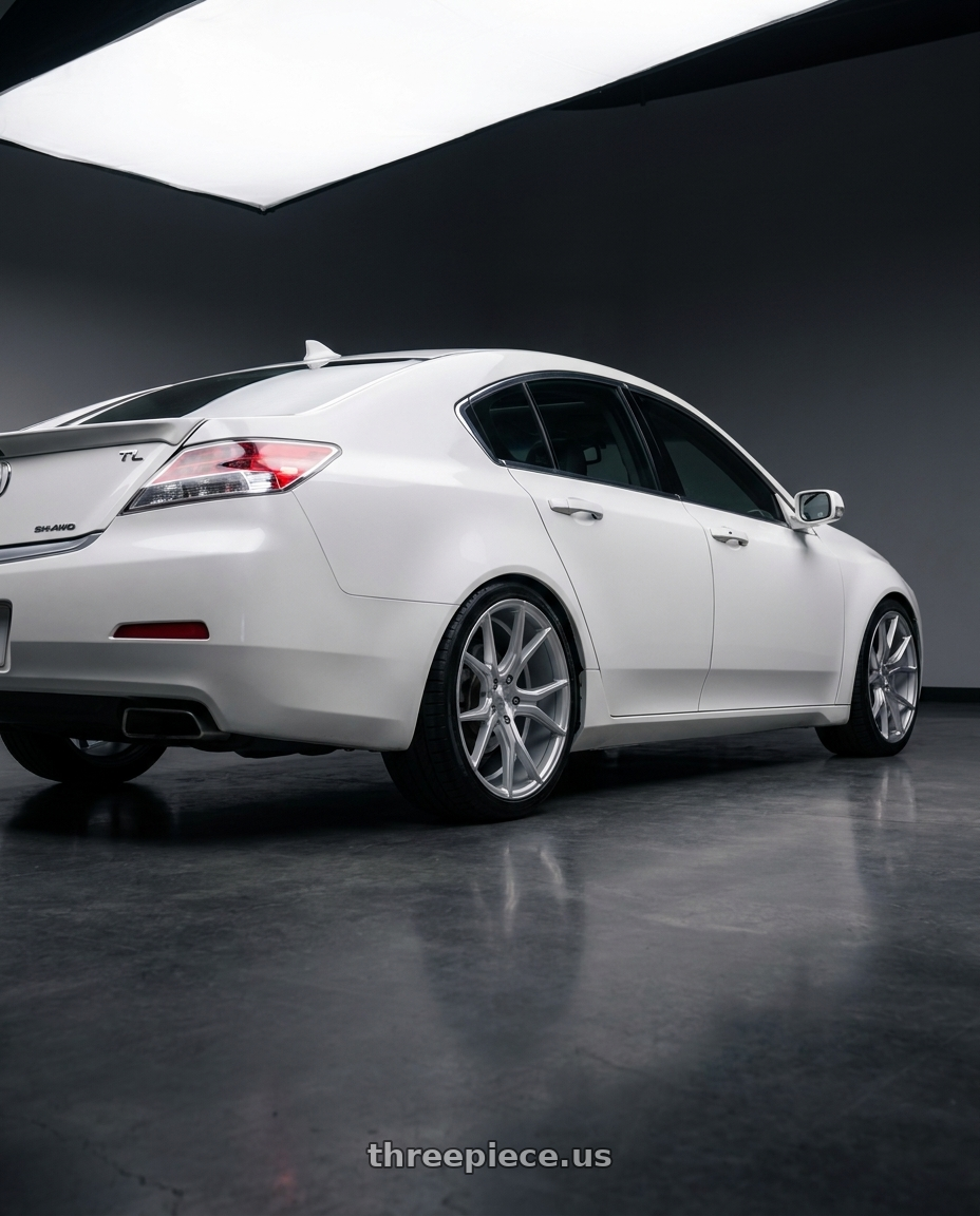 2013 Acura TL SH-AWD White with DOLCE PERFORMANCE ELEMENT 5x120 18x8.5 +35 Gloss Silver Machined Face wheels rear three quarter view square tires