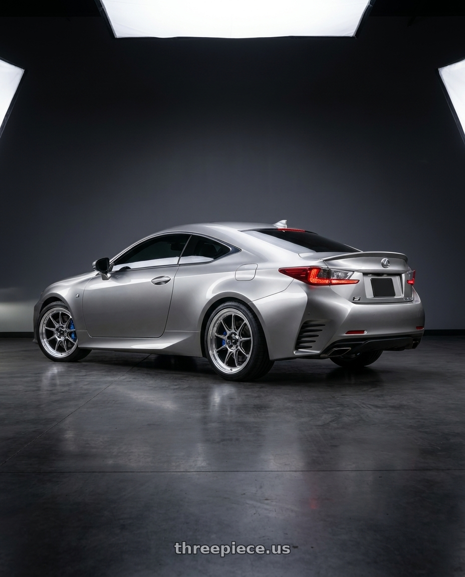 2016 Lexus RC 350 F Sport with Konig Countergram 5x114.3 19x9.5+35 Hyper Chrome / Machined Lip wheels rear three quarter view square tires