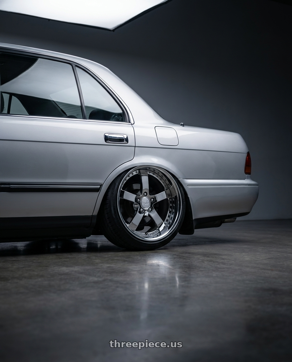 1995 Toyota Crown with Work Equip E05 5x108 19x10.5+-17 o disk 3d Chrome wheels rear three quarter view slight stretch tires