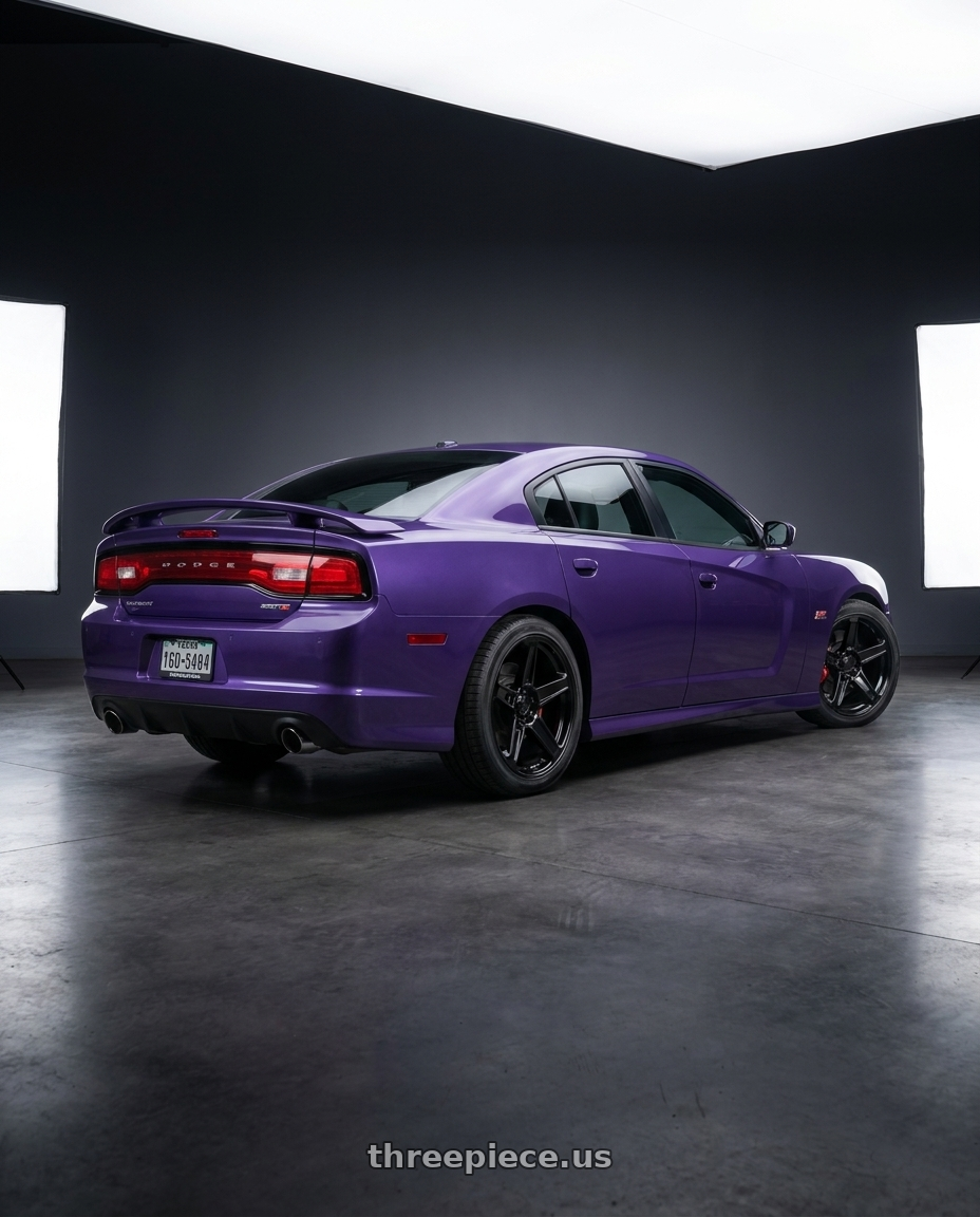 2014 Dodge Charger SRT8 Plum with Performance Replicas PR186 5X115 20X9 +20 GLOSS BLACK wheels rear three quarter view square tires