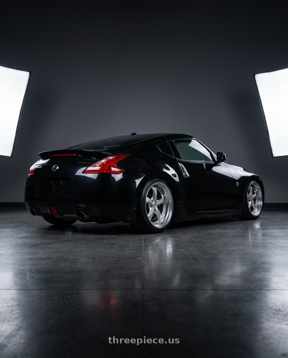 2016 Nissan 370z with Work Wheels VS-KF 5x114.3 19x10+16 Light Grey Silver L Disk STEP RIM wheels rear three quarter view slight stretch tires
