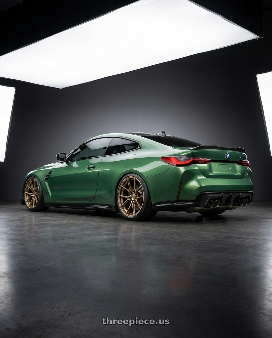 2024 bmw g82cs with E5 Wheels Daytona 5x120 20x11+45 BRONZE wheels rear three quarter view square tires