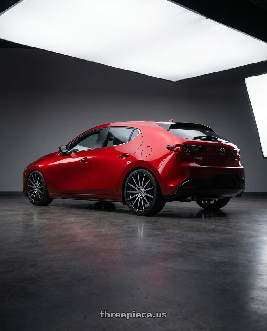 2025 Mazda 3 with Spec-1 SP-69 blank 4x/5x 19x9.5 +42 Gloss Black & Machined & Undercut wheels rear three quarter view square tires