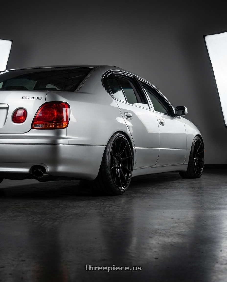 2001 Lexus gs430 with Aodhan AH09 5x114.3 18x9.5 +35 Gloss Silver Machined Face wheels rear three quarter view square tires